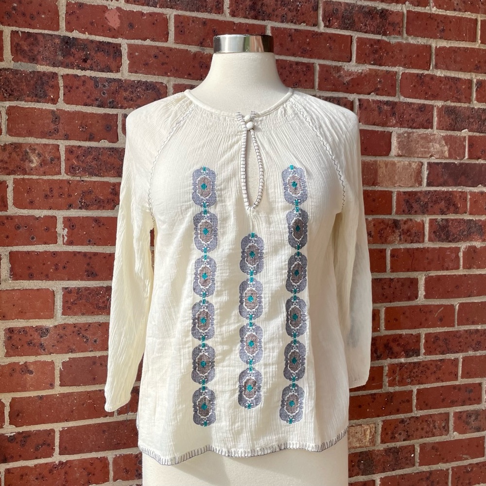 Joie Women's Top Blouse Ivory Small Floral Embroidered Long Sleeve Peasant Sheer